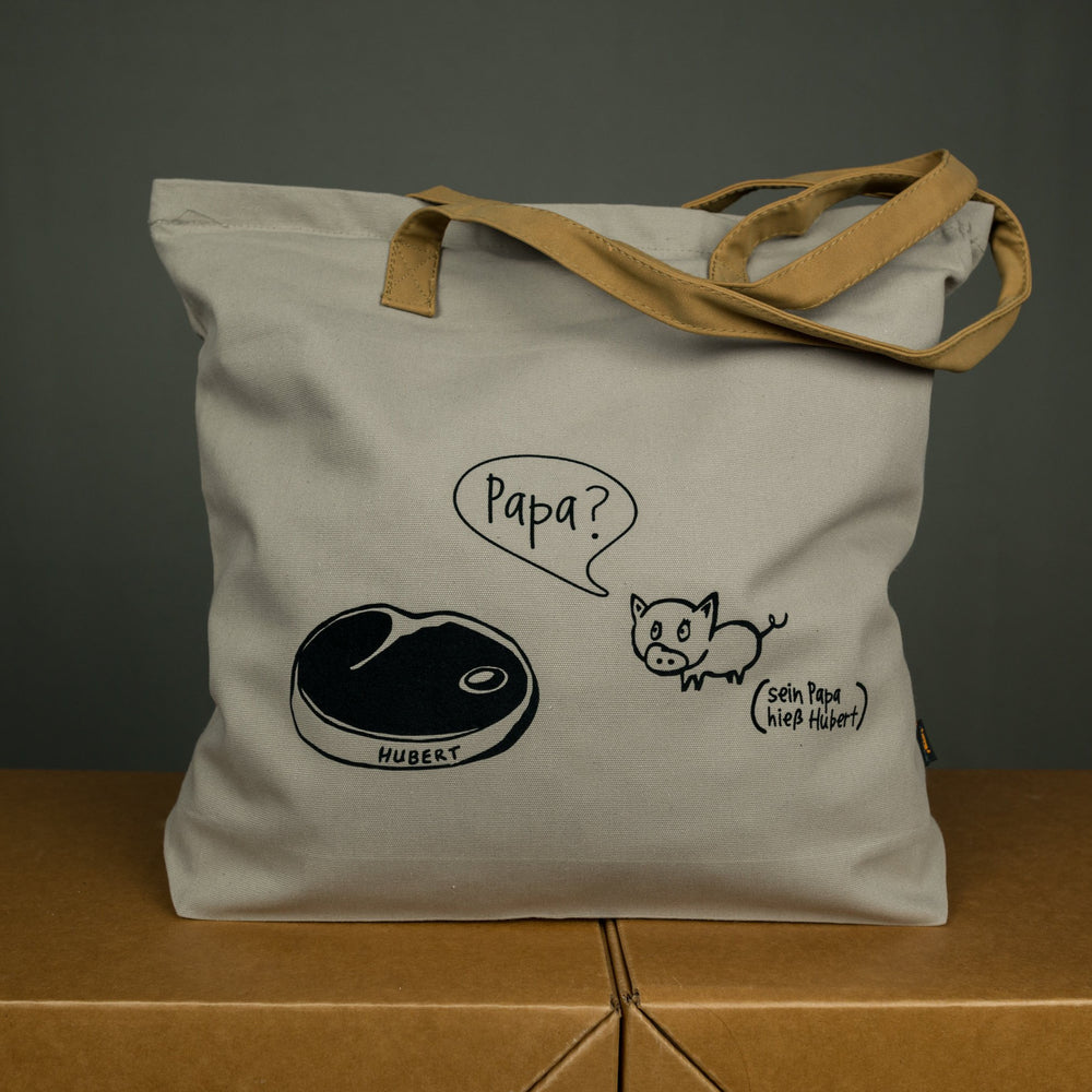 Einkaufstasche mit Reissverschluss und Velour Leder Henkeln mit schwarzem Humor Aufdruck, Schwein und Steak , Geschenk für Veganer Papa