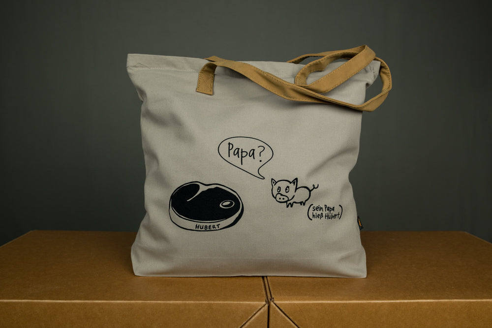 Einkaufstasche mit Reissverschluss und Velour Leder Henkeln mit schwarzem Humor Aufdruck, Schwein und Steak , Geschenk für Veganer Papa