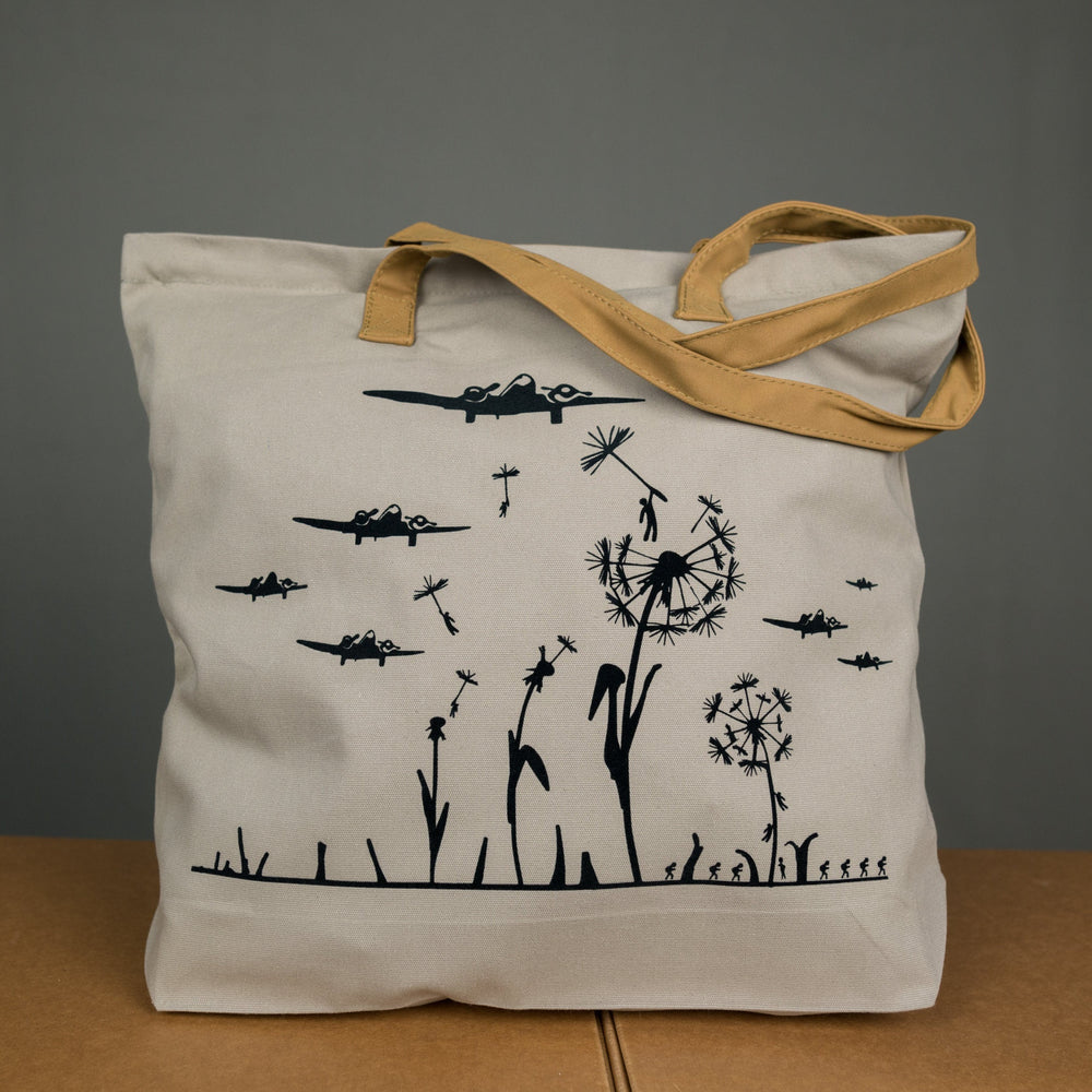 
                  
                    Tasche mit Reissverschluss, aus stabilem Stoff und mit braunen velour Leder Henkeln, Bedruckt mit Pusteblumen Motiv, Alltagstasche, Geschenk
                  
                