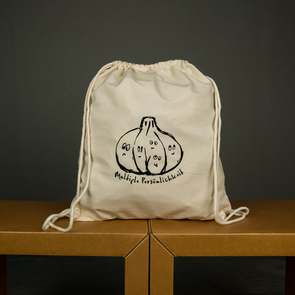 
                  
                    Veganer Rucksack mit Knoblauch Aufdruck, Bio Baumwolle Turnbeutel Farbe beige, multiple Persönlichkeit, für Festival bedruckter Sport Beutel
                  
                