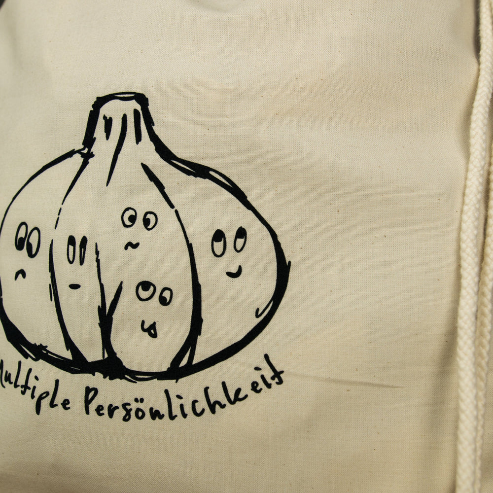 
                  
                    Veganer Rucksack mit Knoblauch Aufdruck, Bio Baumwolle Turnbeutel Farbe beige, multiple Persönlichkeit, für Festival bedruckter Sport Beutel
                  
                