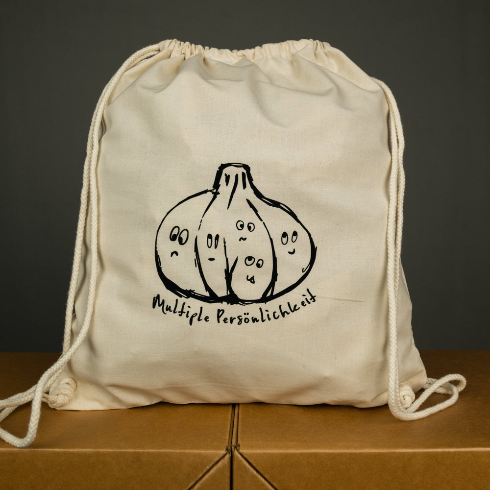 
                  
                    Veganer Rucksack mit Knoblauch Aufdruck, Bio Baumwolle Turnbeutel Farbe beige, multiple Persönlichkeit, für Festival bedruckter Sport Beutel
                  
                