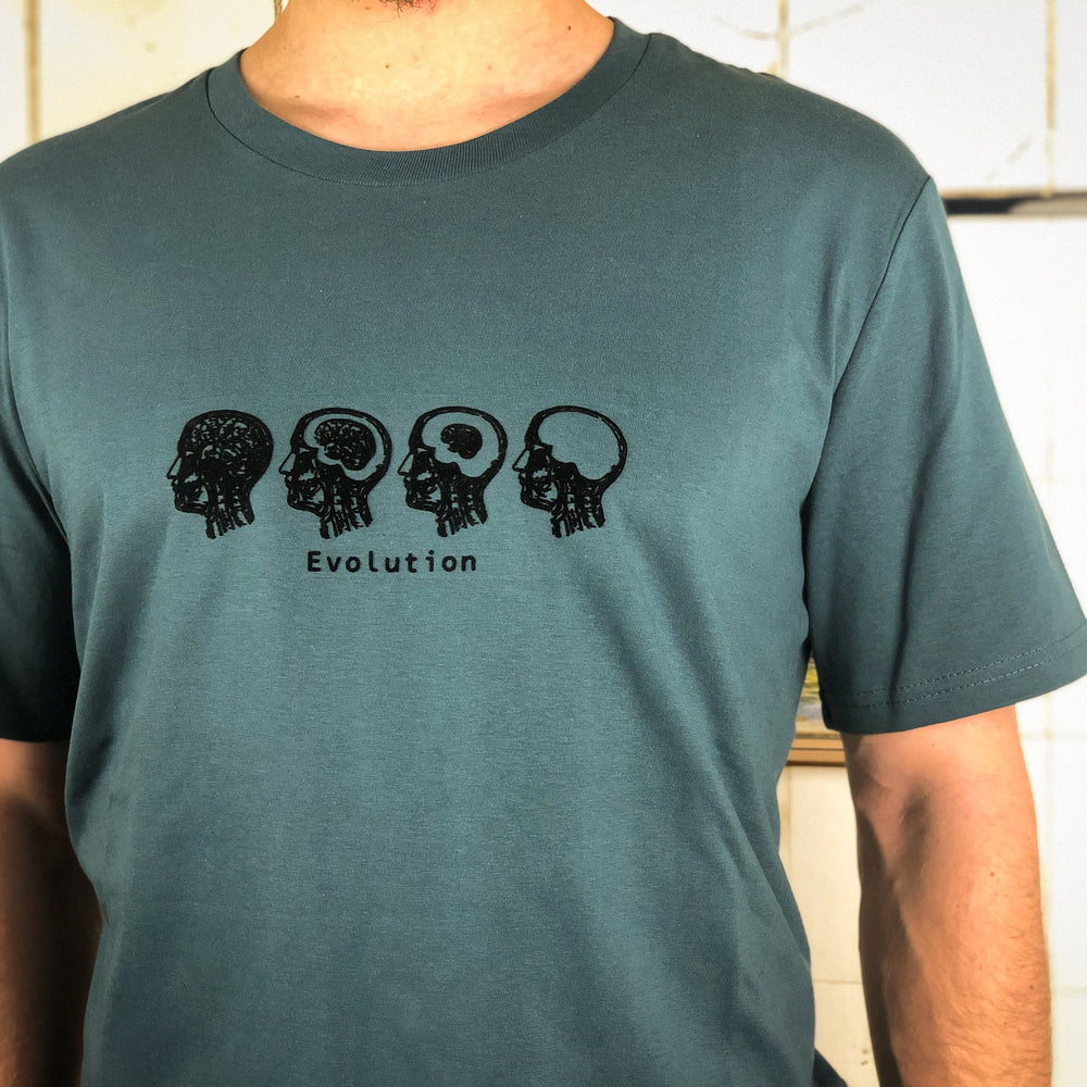 
                  
                    Evolution Männer T-Shirt Bio Shirt petrol blau mit lustigem Druck Motiv aus Flock Gehirn Evolution Männer Geschenk + weitere Farben
                  
                