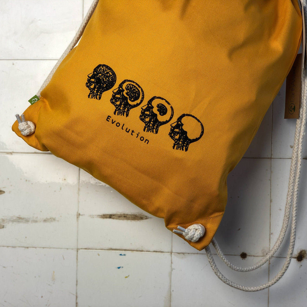 
                  
                    Gelber Turnbeutel / Rucksack mit schwarzem Evolution Aufdruck, Gehirne , Geschenk für Studentent auch in anderen Farben
                  
                