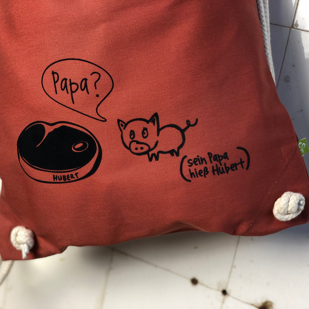 
                  
                    Turnbeutel / Rucksack mit schwarzem Humor Aufdruck, Schwein und Steak , Geschenk für Veganer Papa in Rot und anderen Farben
                  
                