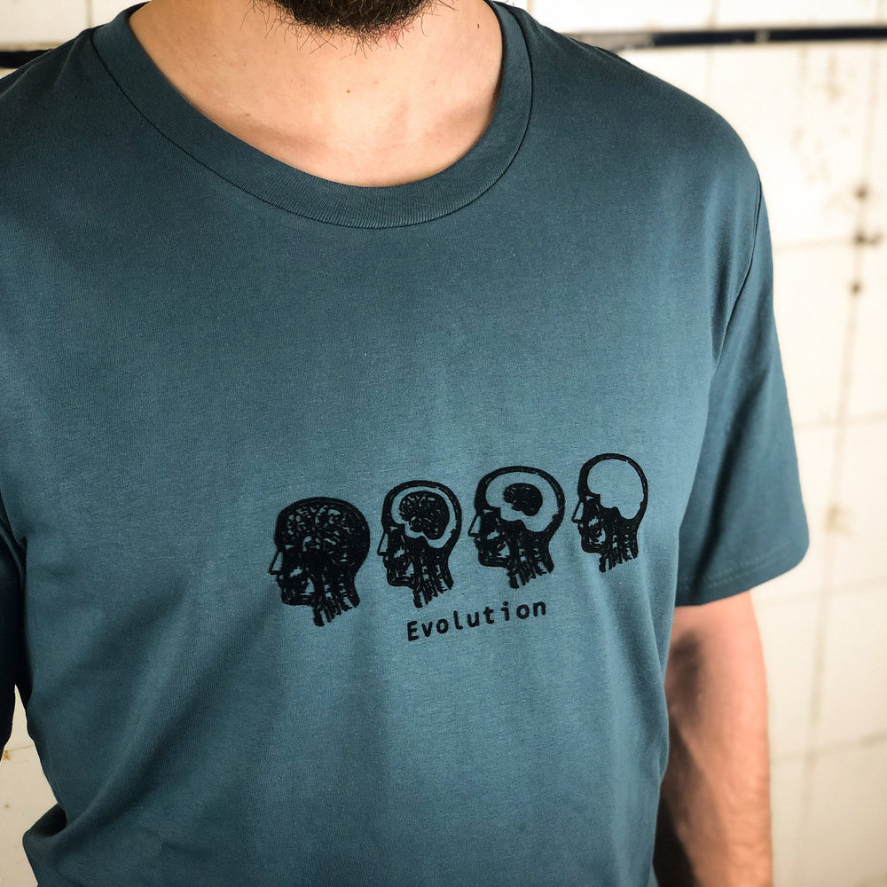 Evolution Männer T-Shirt Bio Shirt petrol blau mit lustigem Druck Motiv aus Flock Gehirn Evolution Männer Geschenk + weitere Farben